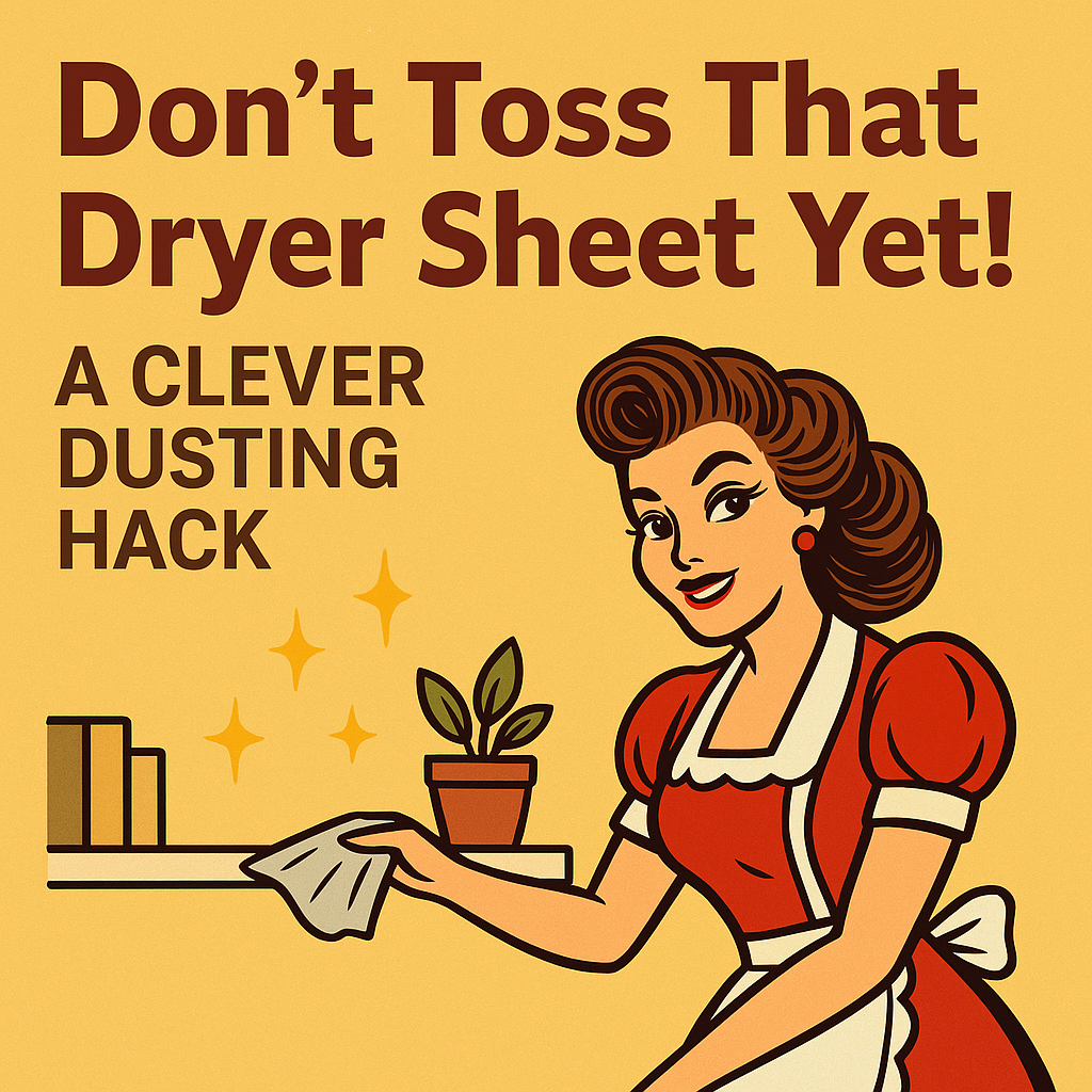 Dryer Sheet being used as duster by vintage pop-up looking woman. #DryerSheetHack #CleaningTips #NotYourWifey #DIYCleaning