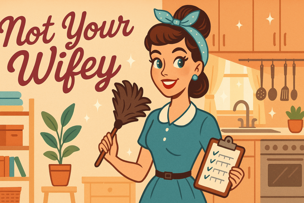 Not Your Wifey holding clipboard and duster #NotYourWifey #Homecookedmeals #Mealprep #housewife
