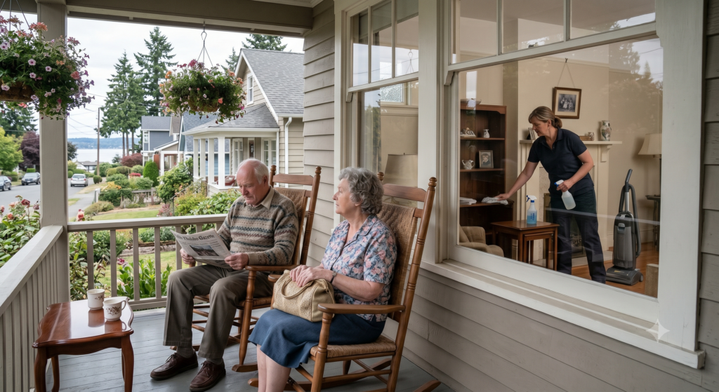 elderly couple on porch with homemaker inside cleaning