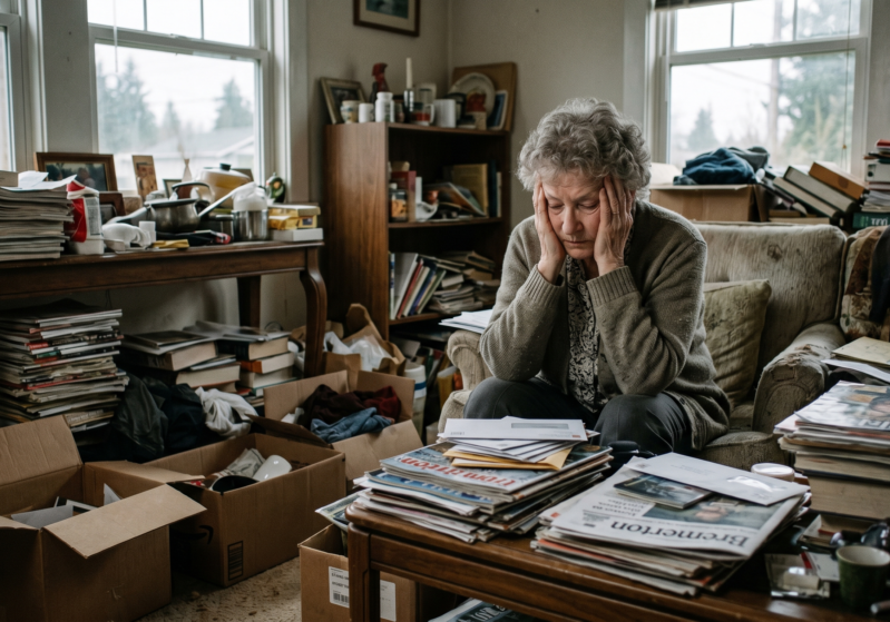 Stressed elderly woman in cluttered house