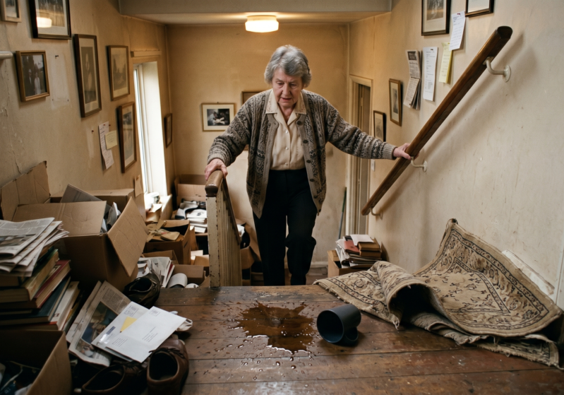 Elderly woman coming up stairs in dangerous house
