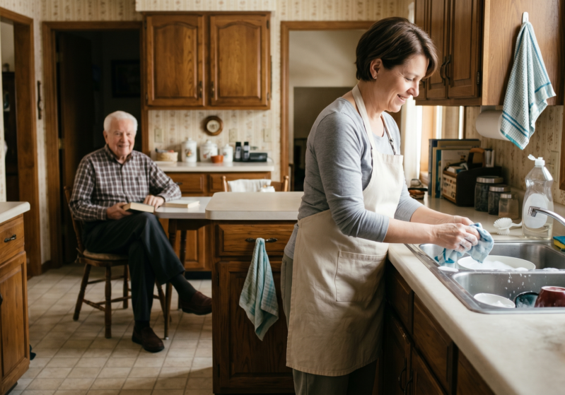 Elderly man with homemaker washing dishes