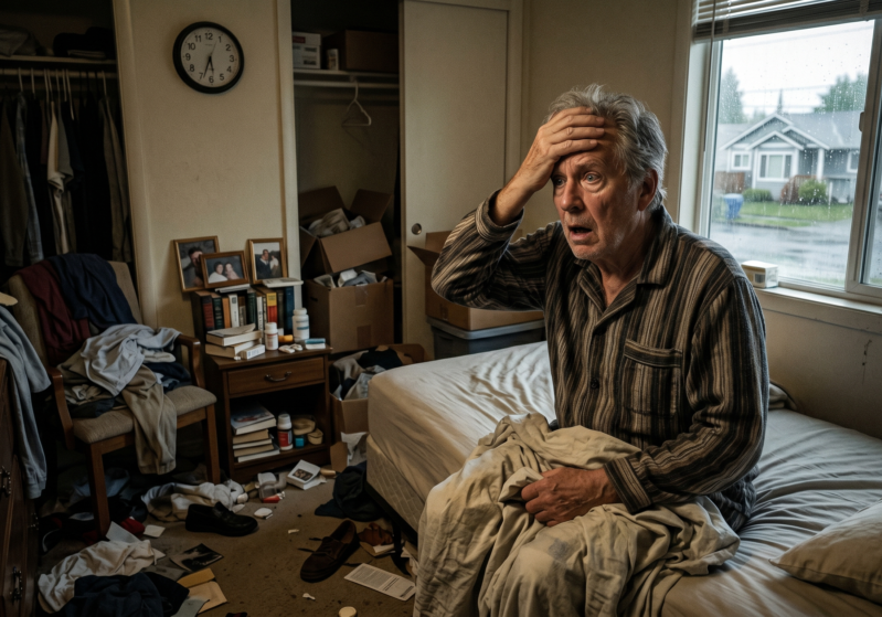 Stressed elderly man waking up in cluttered bedroom