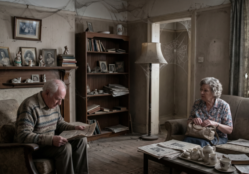 elderly couple in dusty home with cobwebs