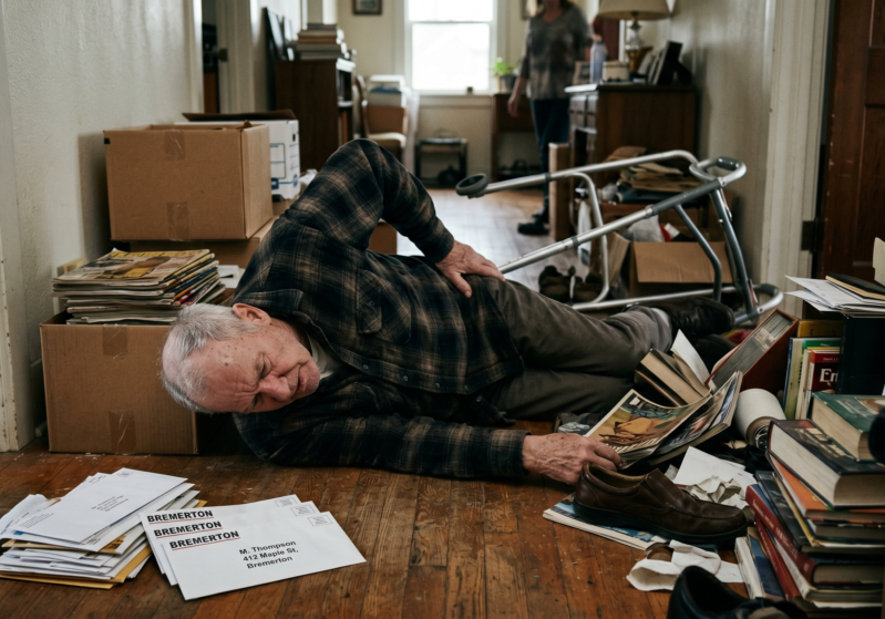 Elderly man fallen from cluttered home