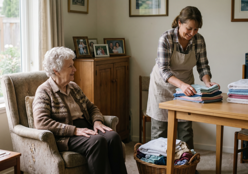 Homemaker folding laundry for elderly client