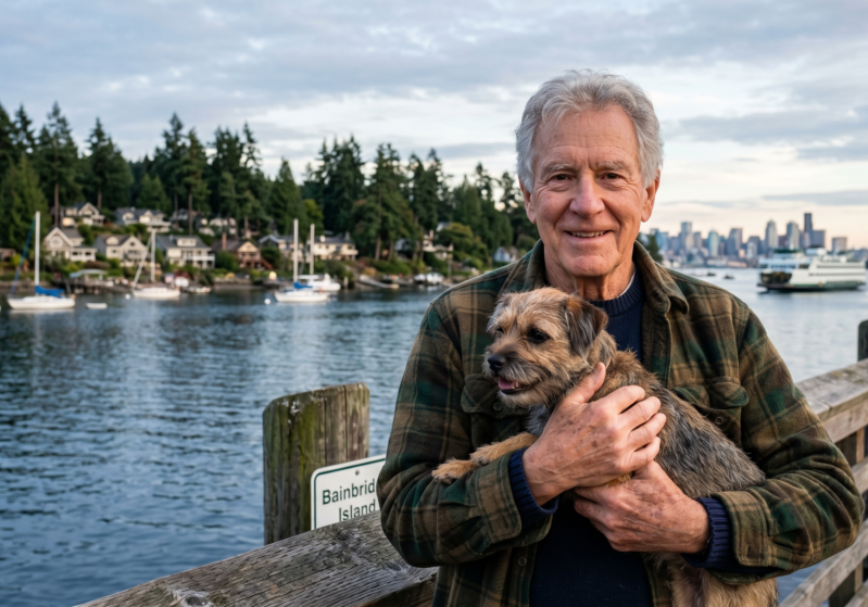 Elderly man holding his dog in Bainbridge Island